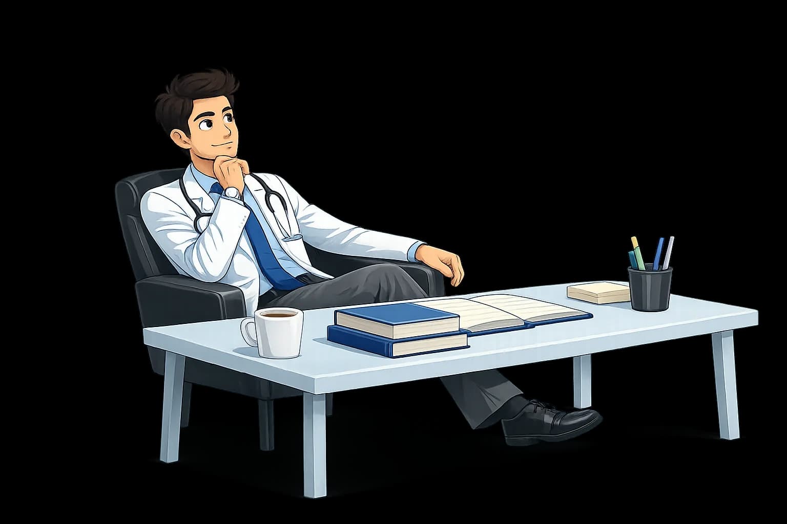 Illustration of a thoughtful clinician in a white coat at a desk, with a stethoscope, books, and a coffee — representing the California Dental Meeting community.